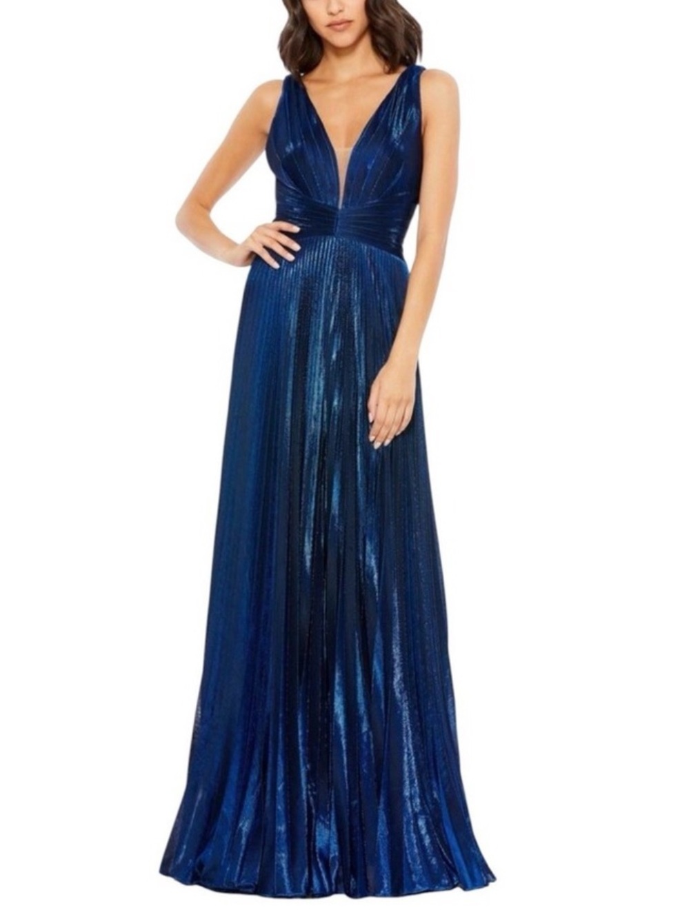 Mac Duggal Size 6 Metallic Deep Blue V-Neck Pleated Maxi Gown 50640 Sapphire